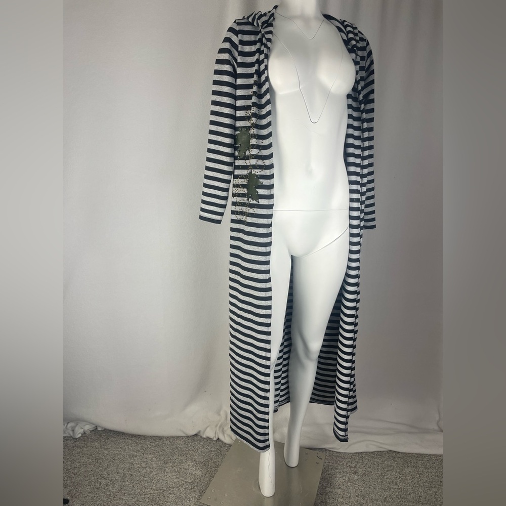 Black and White Striped long hooded cardigan with green accents